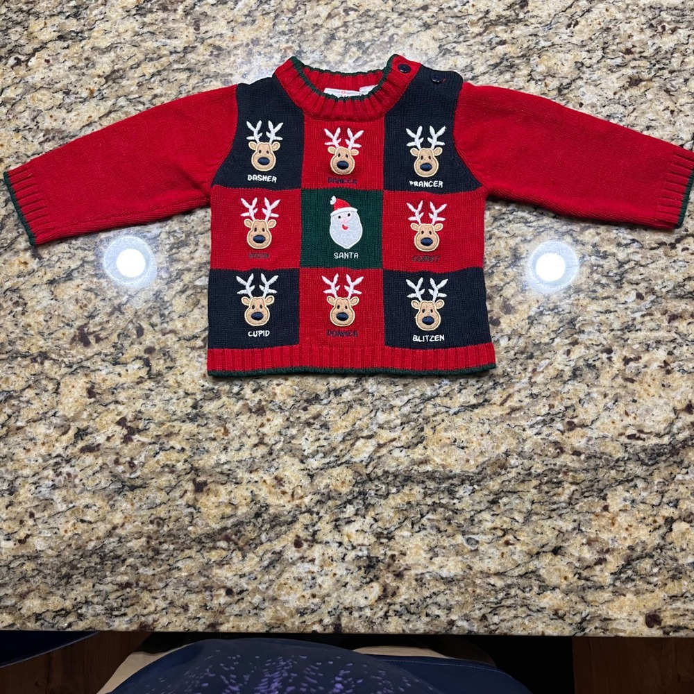 B.T. Kids Christmas Reindeer Santa Knit Sweater Red Navy Green Boys Girls 18M